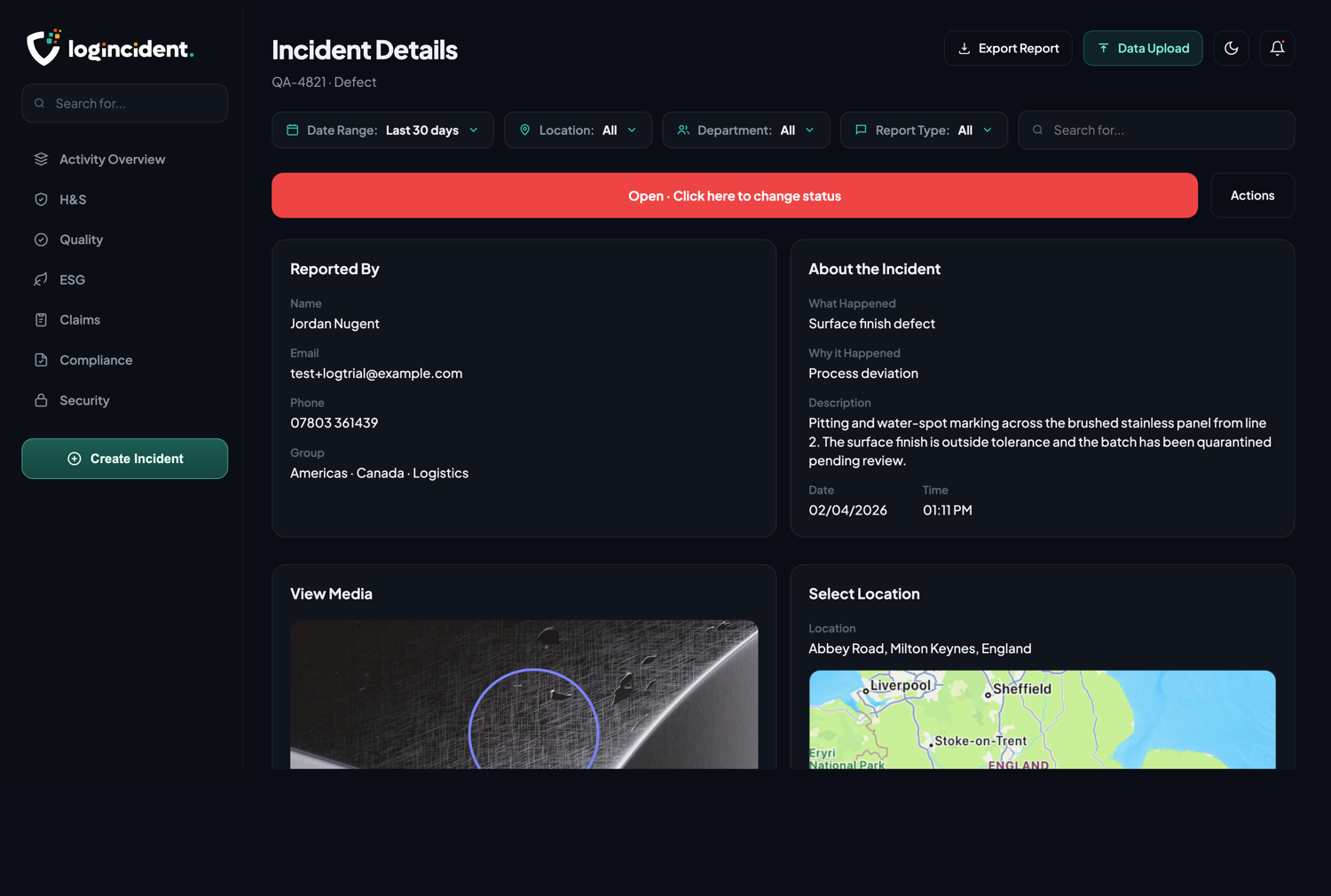 Report detail view in the dashboard